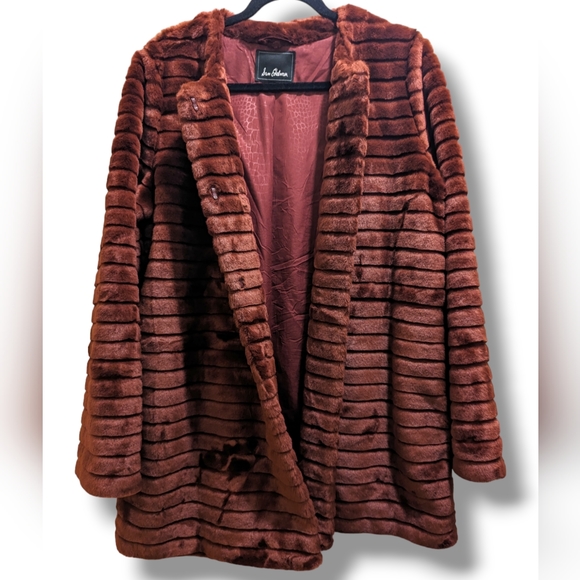 Sam Edelman Janet Faux Fur Striped Collarless Dark Red Mid Length Coat Jacket- L - Picture 3 of 13